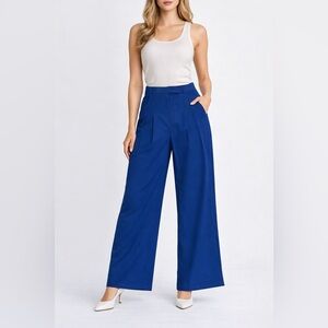 RIHOAS Pants Medium Blue Wide Leg Trousers Pleated Slacks Career Work Solid M